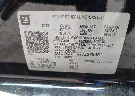 2018 Chevrolet Silverado 2500Hd Wt z USA, uszkodzony, nr VIN 1GC2CUEG3JZ278451